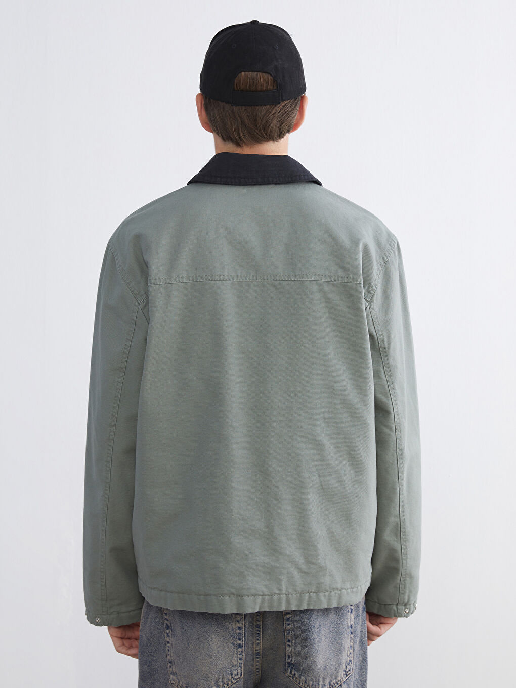 Yeşil Rahat Kalıp Kontrast Yaka Erkek Mont-4