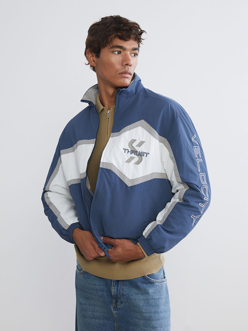 İndigo Rahat Kalıp Dik Yaka Erkek Mont