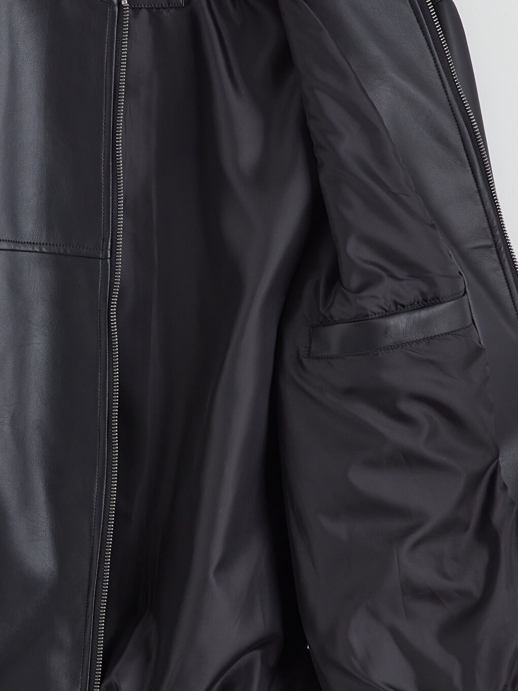 Siyah Standart Kalıp Kolej Yaka Erkek Deri Görünümlü Mont-6