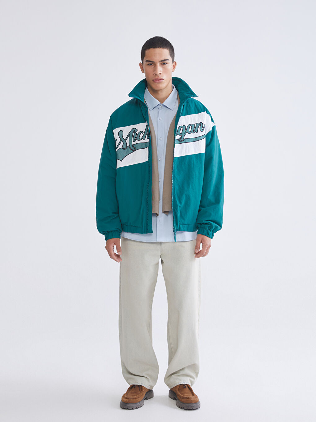 Yeşil Rahat Kalıp Dik Yaka Erkek Mont-1