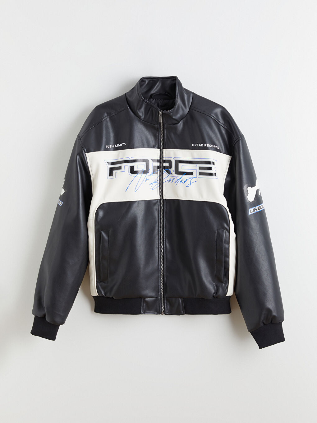 Siyah Standart Kalıp Dik Yaka Erkek Deri Görünümlü Mont-5