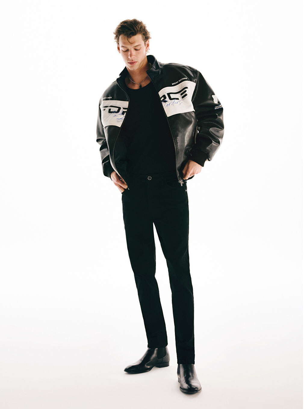 Siyah Standart Kalıp Dik Yaka Erkek Deri Görünümlü Mont-1