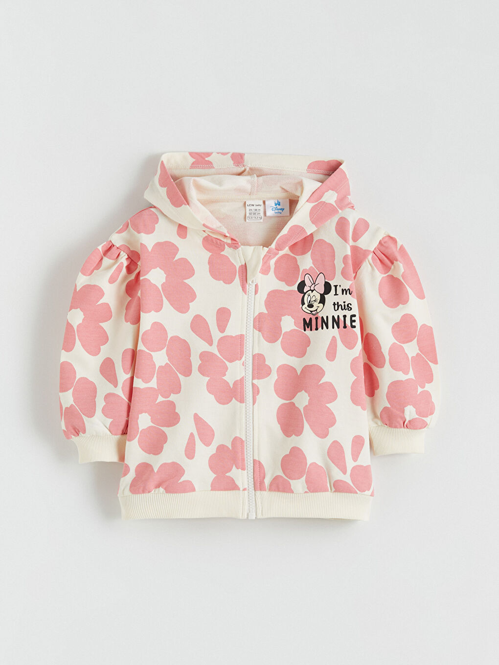 Ekru Kapüşonlu Kız Bebek Minnie Mouse Baskılı Hırka