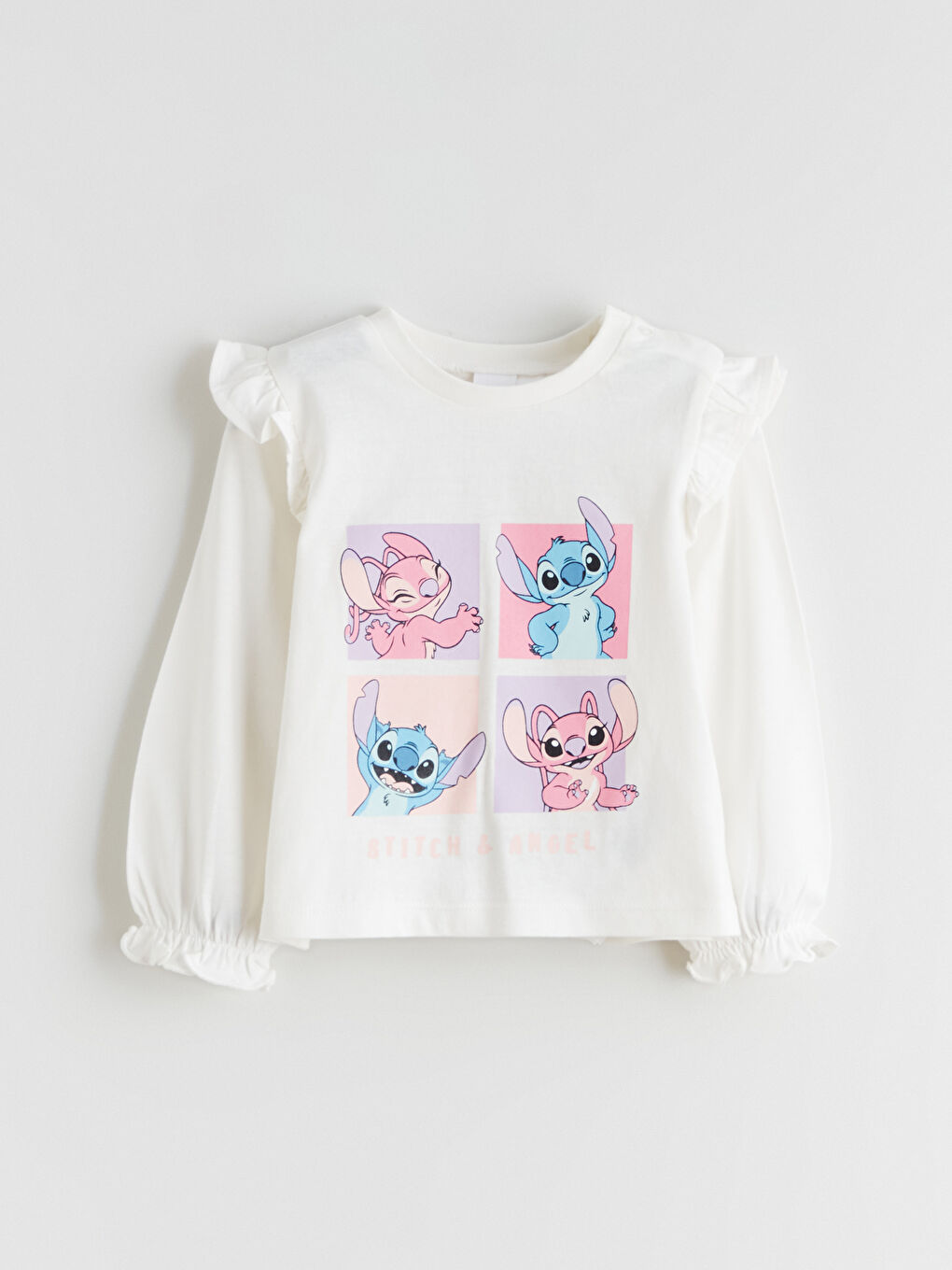 Ekru Stitch & Angel Baskılı Kız Bebek Tişört ve Tayt-1