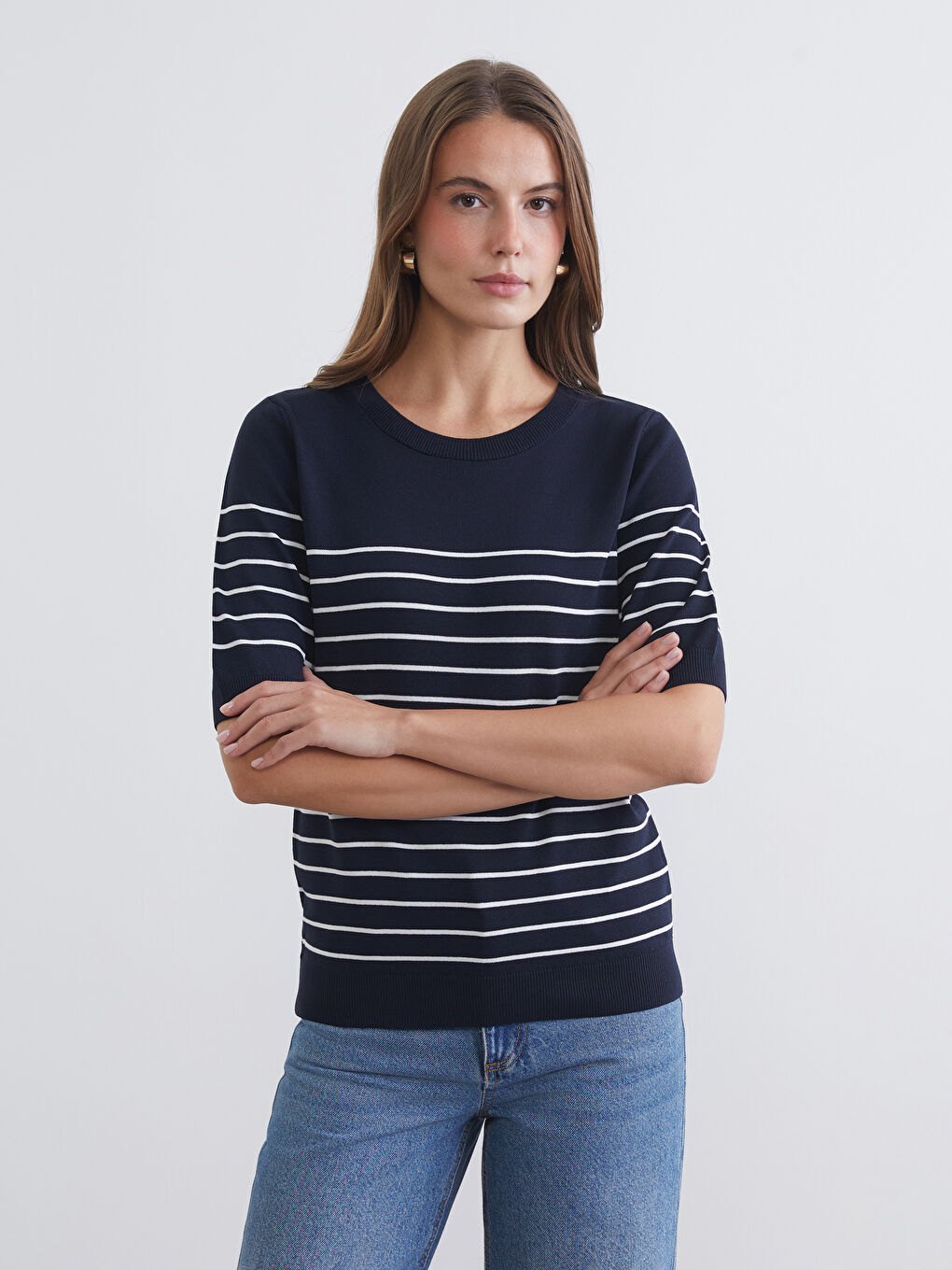 Lacivert Bisiklet Yaka Çizgili Kadın Triko Kazak