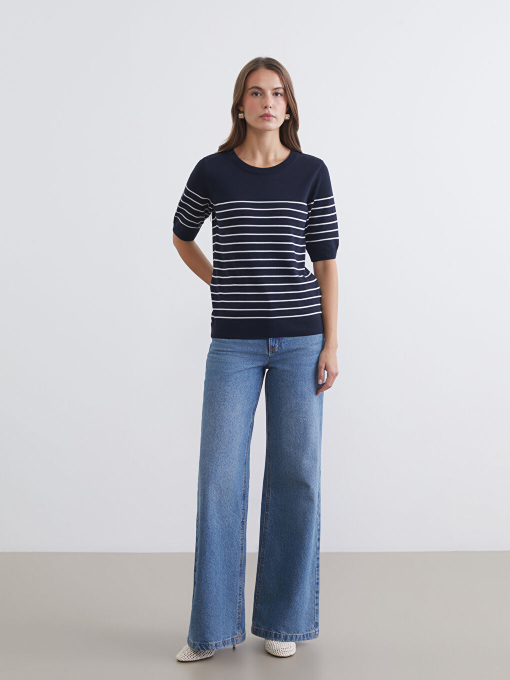 Lacivert Bisiklet Yaka Çizgili Kadın Triko Kazak-1