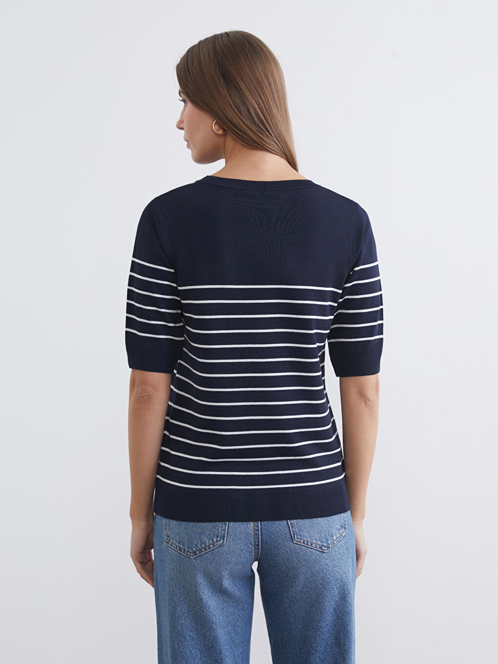 Lacivert Bisiklet Yaka Çizgili Kadın Triko Kazak-3