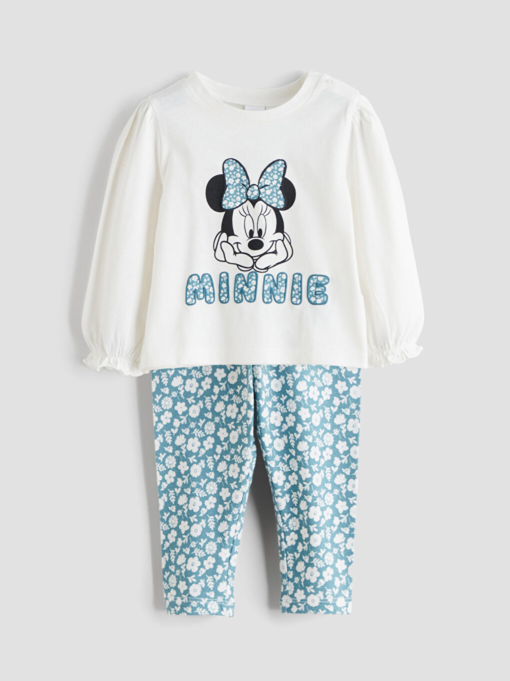 Ekru Minnie Mouse Baskılı Kız Bebek Tişört ve Tayt