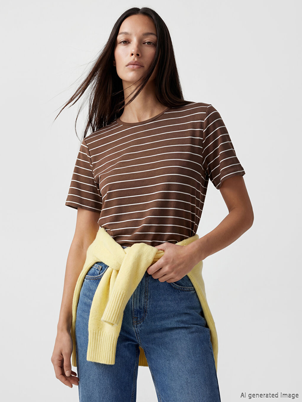 дөңгелек жағалы жолақты әйелдер футболкасы