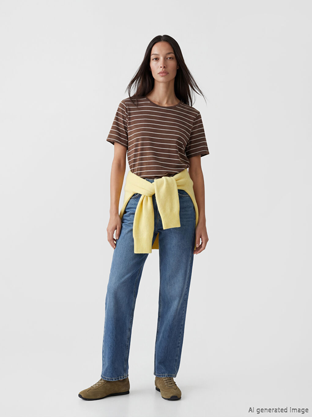 дөңгелек жағалы жолақты әйелдер футболкасы-1