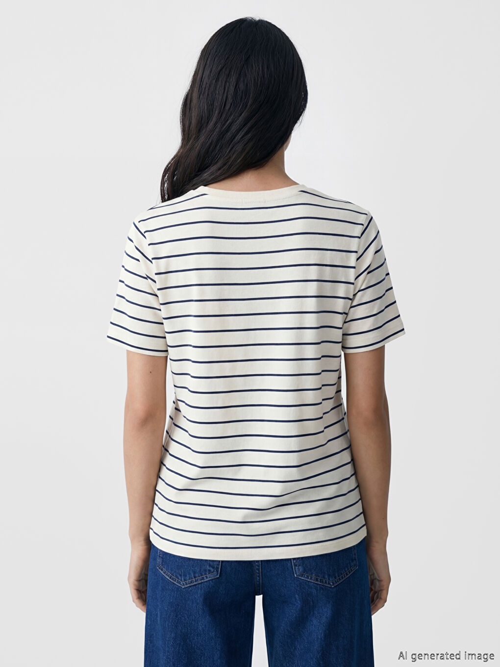 дөңгелек жағалы жолақты әйелдер футболкасы-3