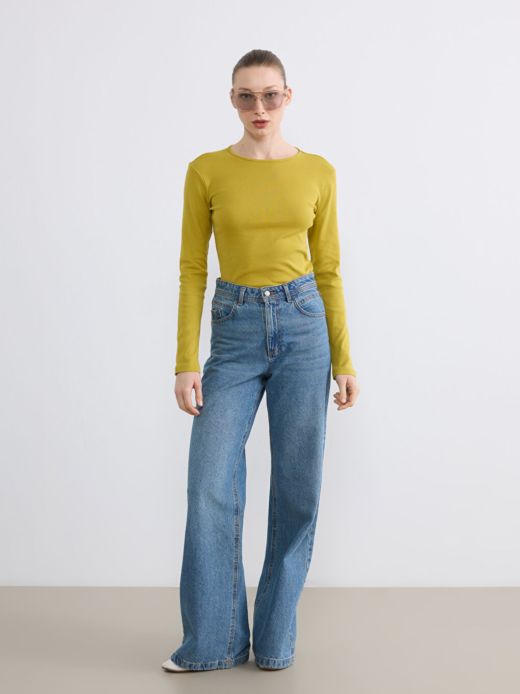 Yeşil Bisiklet Yaka Kadın Body-1