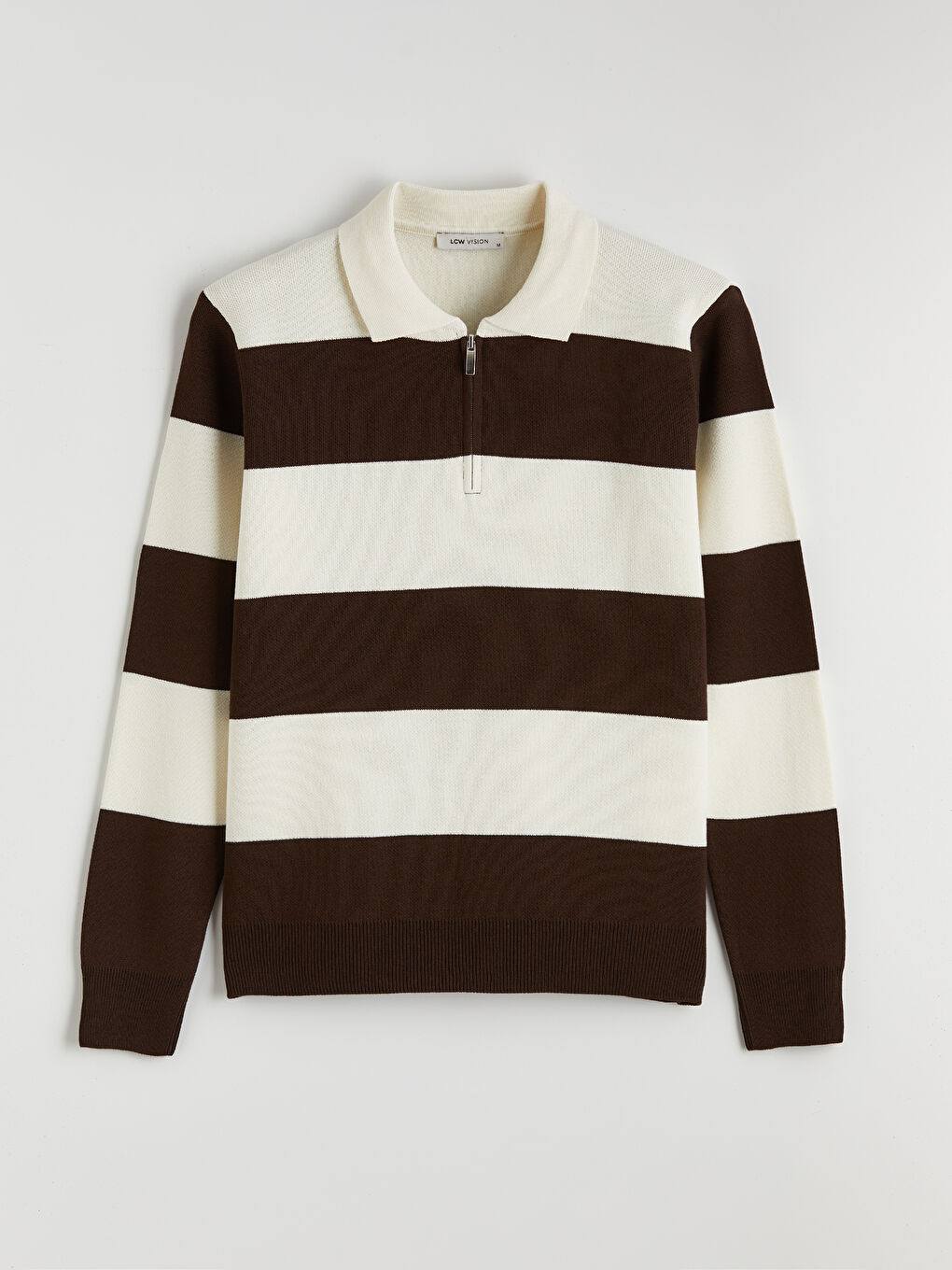 Kahverengi Fermuarlı Polo Yaka Çizgili Erkek Triko Kazak