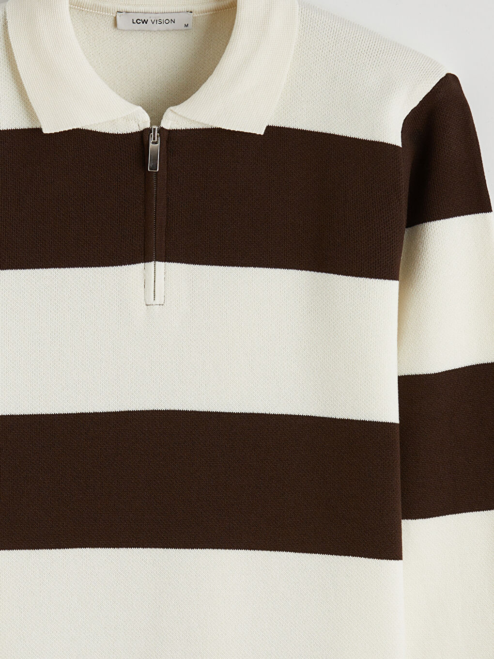 Kahverengi Fermuarlı Polo Yaka Çizgili Erkek Triko Kazak-1