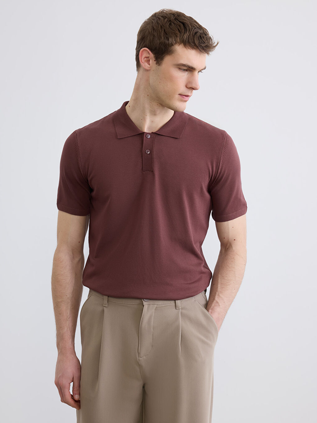 Kahverengi Polo Yaka Erkek Triko Kazak