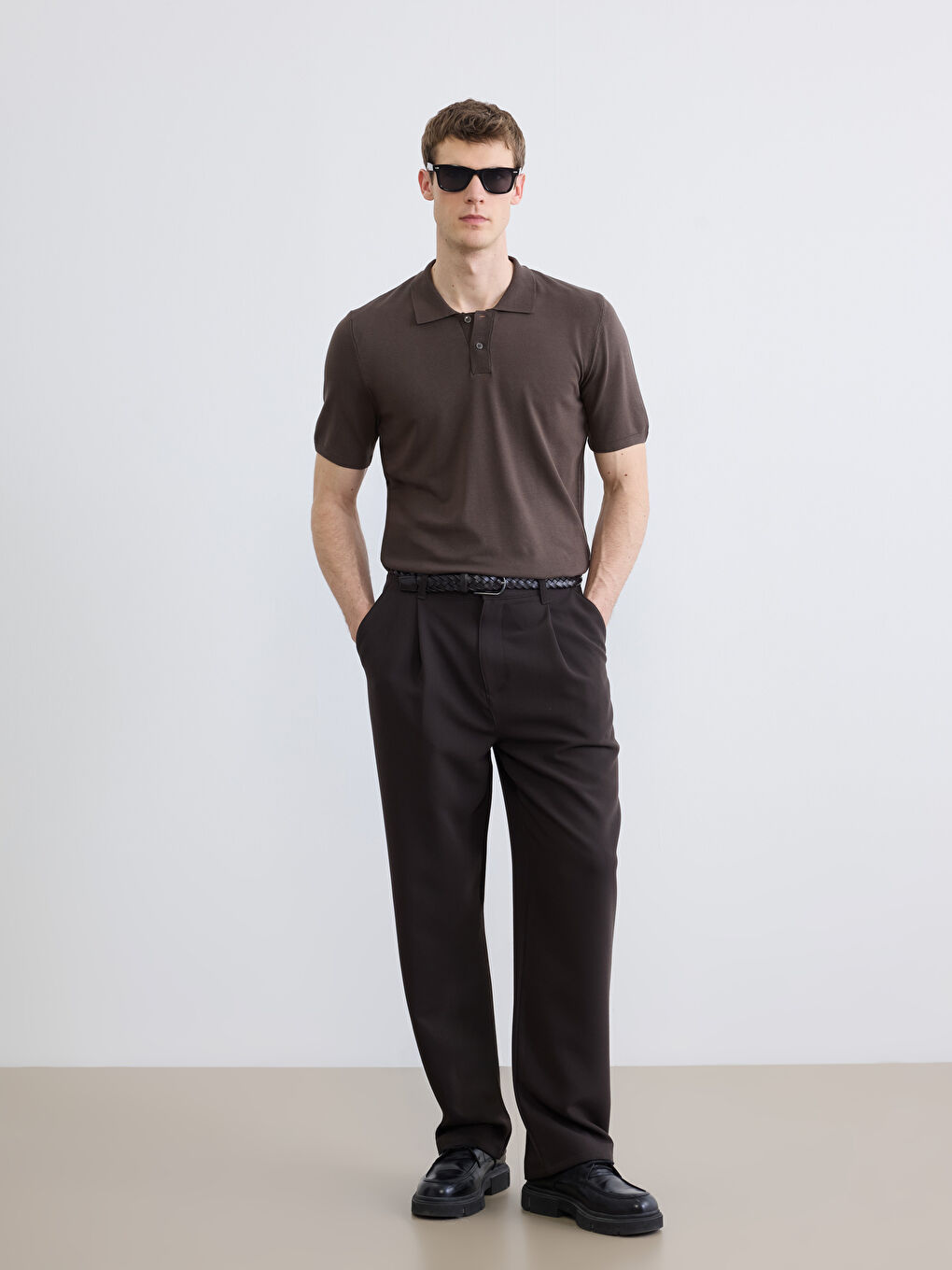 Kahverengi Polo Yaka Erkek Triko Kazak-1