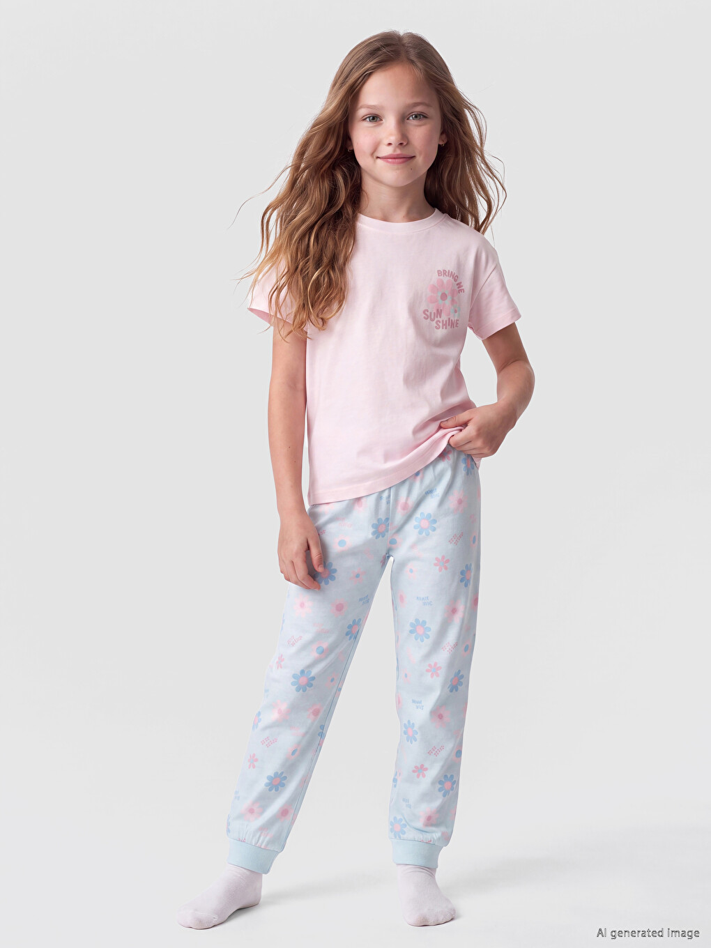 Crew Neck Printed Girls' Pyjamas Set