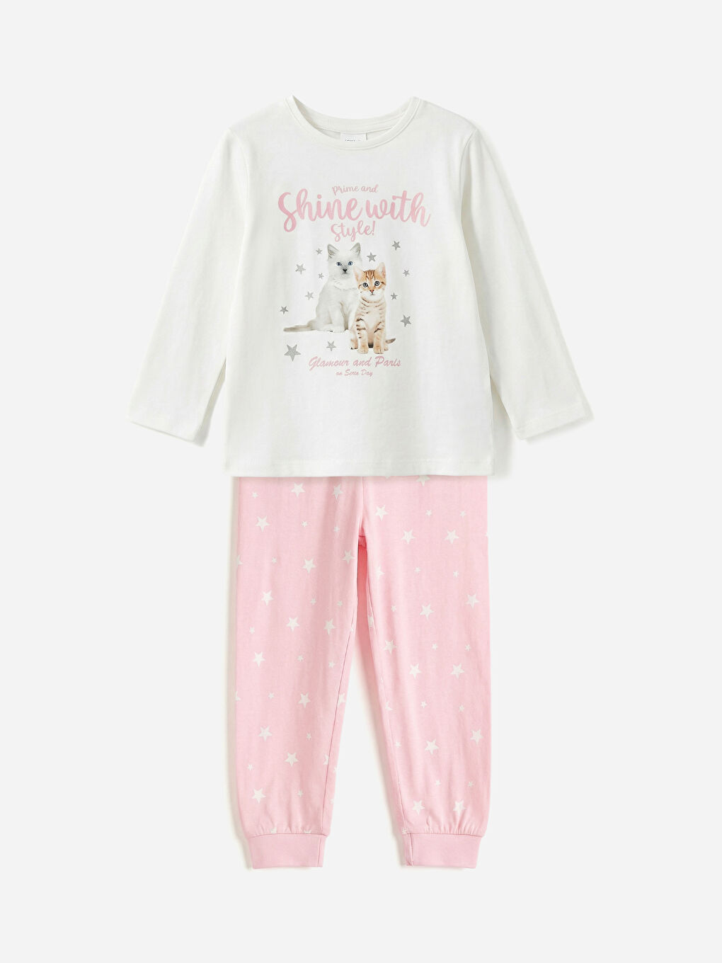 Ekru Bisiklet Yaka Baskılı Kız Bebek Pijama Takım