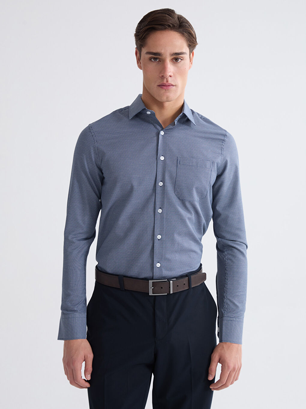 Lacivert Regular Fit Ekose Gabardin Erkek Gömlek