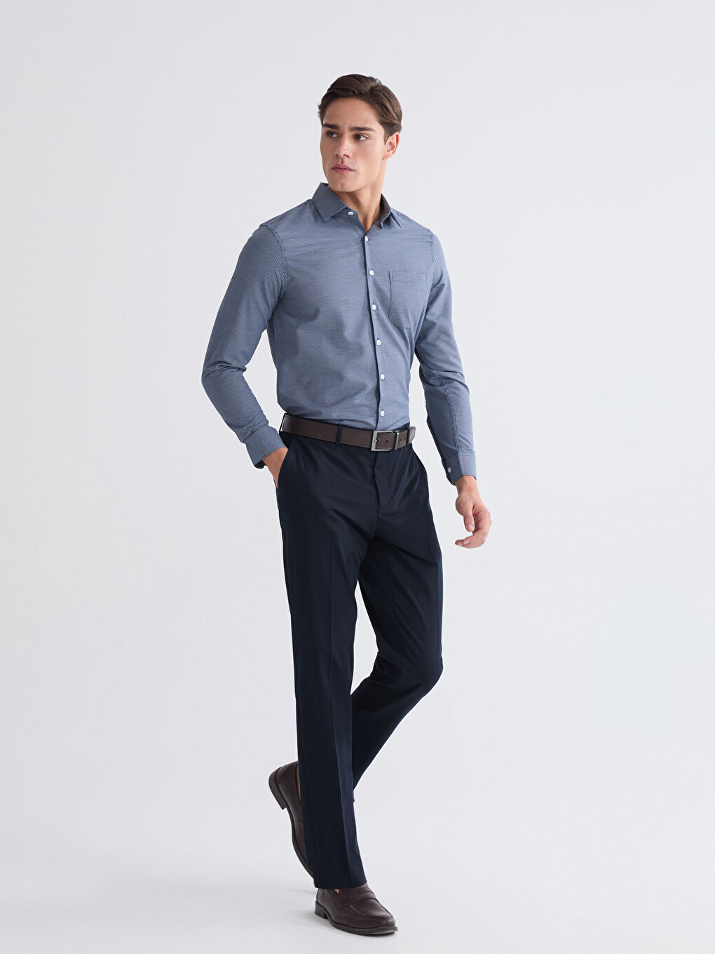 Lacivert Regular Fit Ekose Gabardin Erkek Gömlek-1