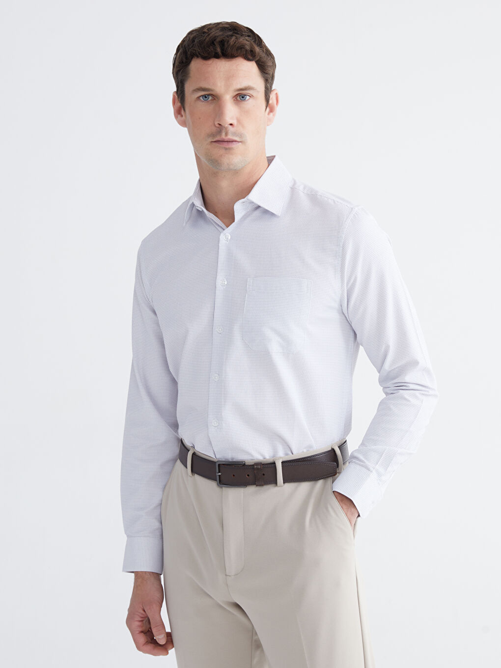 Beyaz Regular Fit Ekose Gabardin Erkek Gömlek