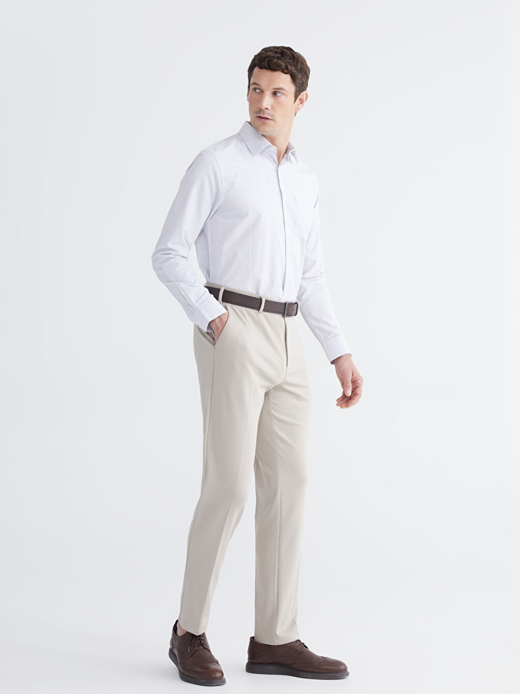 Beyaz Regular Fit Ekose Gabardin Erkek Gömlek-1