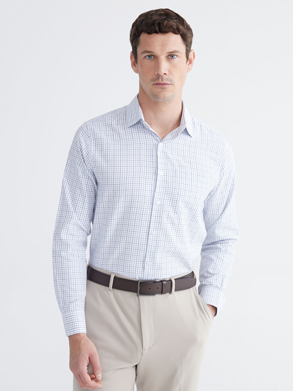 Lacivert Regular Fit Uzun Kollu Ekose Gabardin Erkek Gömlek-1