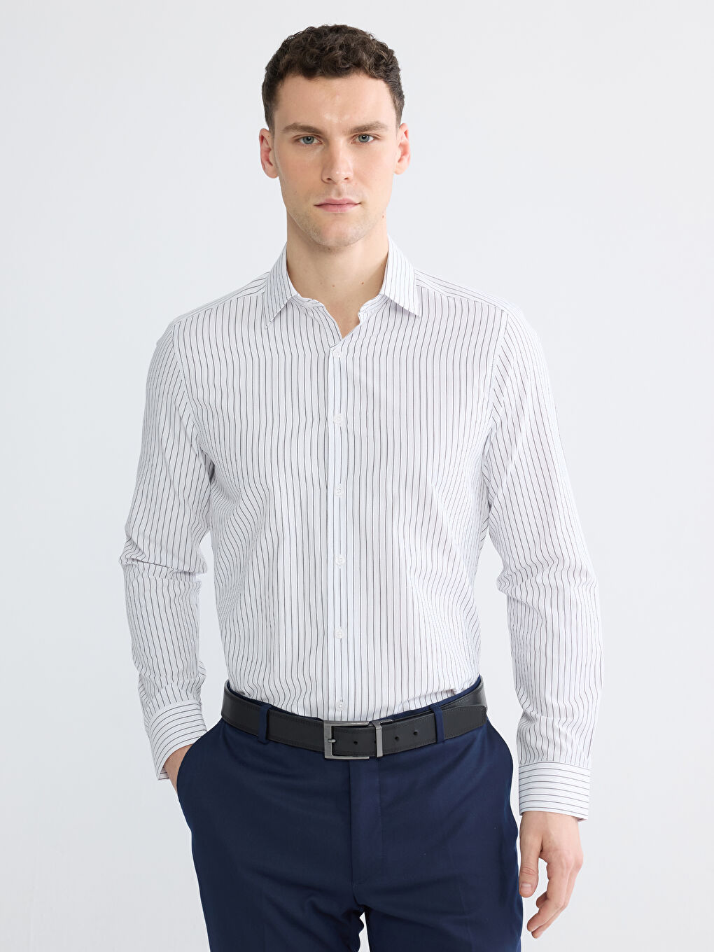 Beyaz Slim Fit Çizgili Poplin Erkek Gömlek