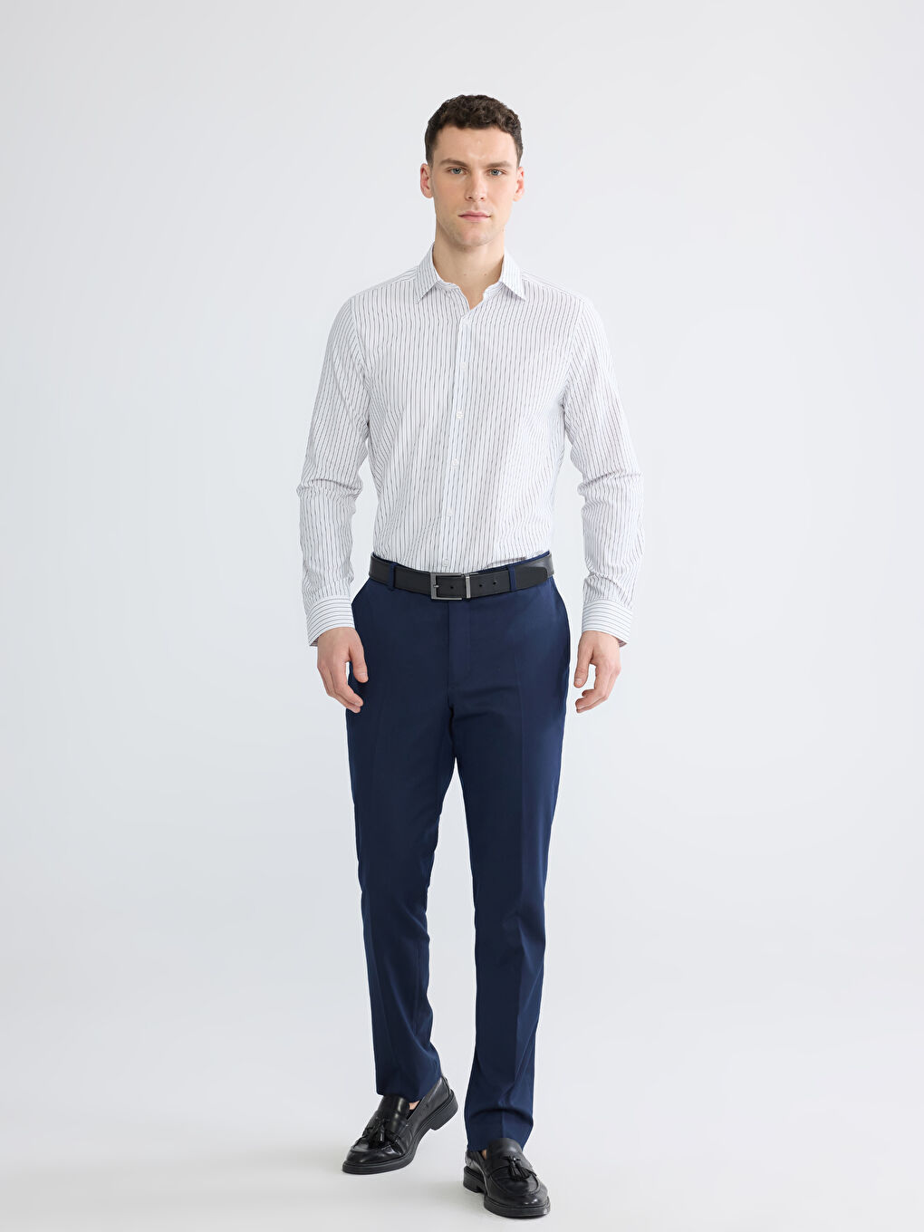 Beyaz Slim Fit Çizgili Poplin Erkek Gömlek-1