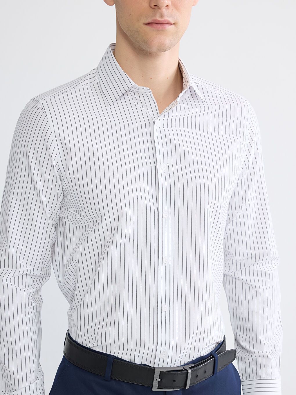 Beyaz Slim Fit Çizgili Poplin Erkek Gömlek-2