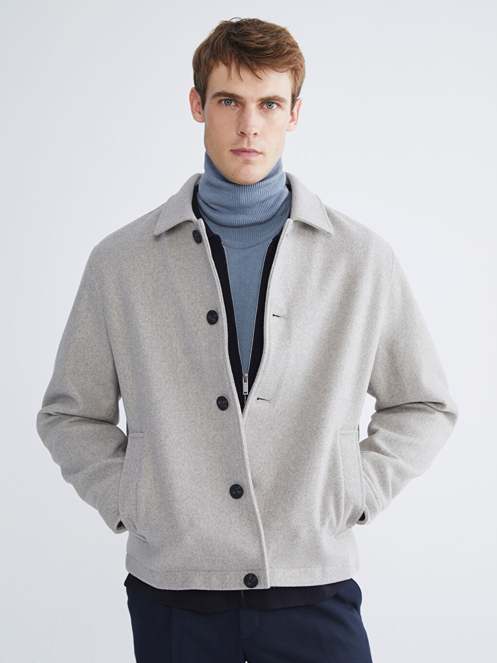 Bej Standart Kalıp Gömlek Yaka Erkek Kaşe Mont