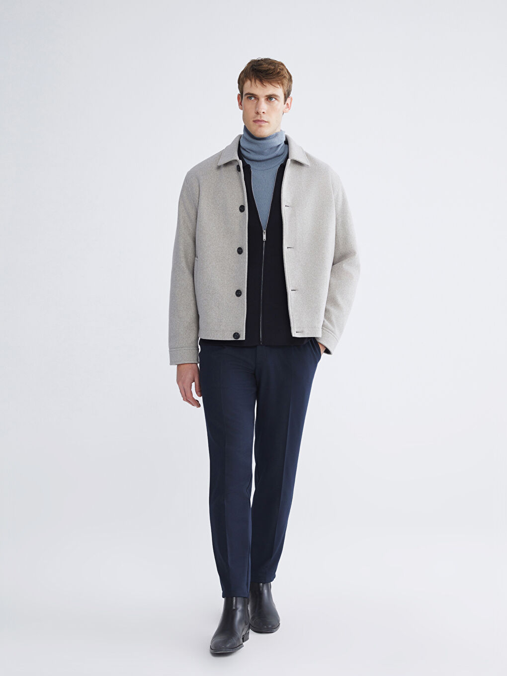 Bej Standart Kalıp Gömlek Yaka Erkek Kaşe Mont-1