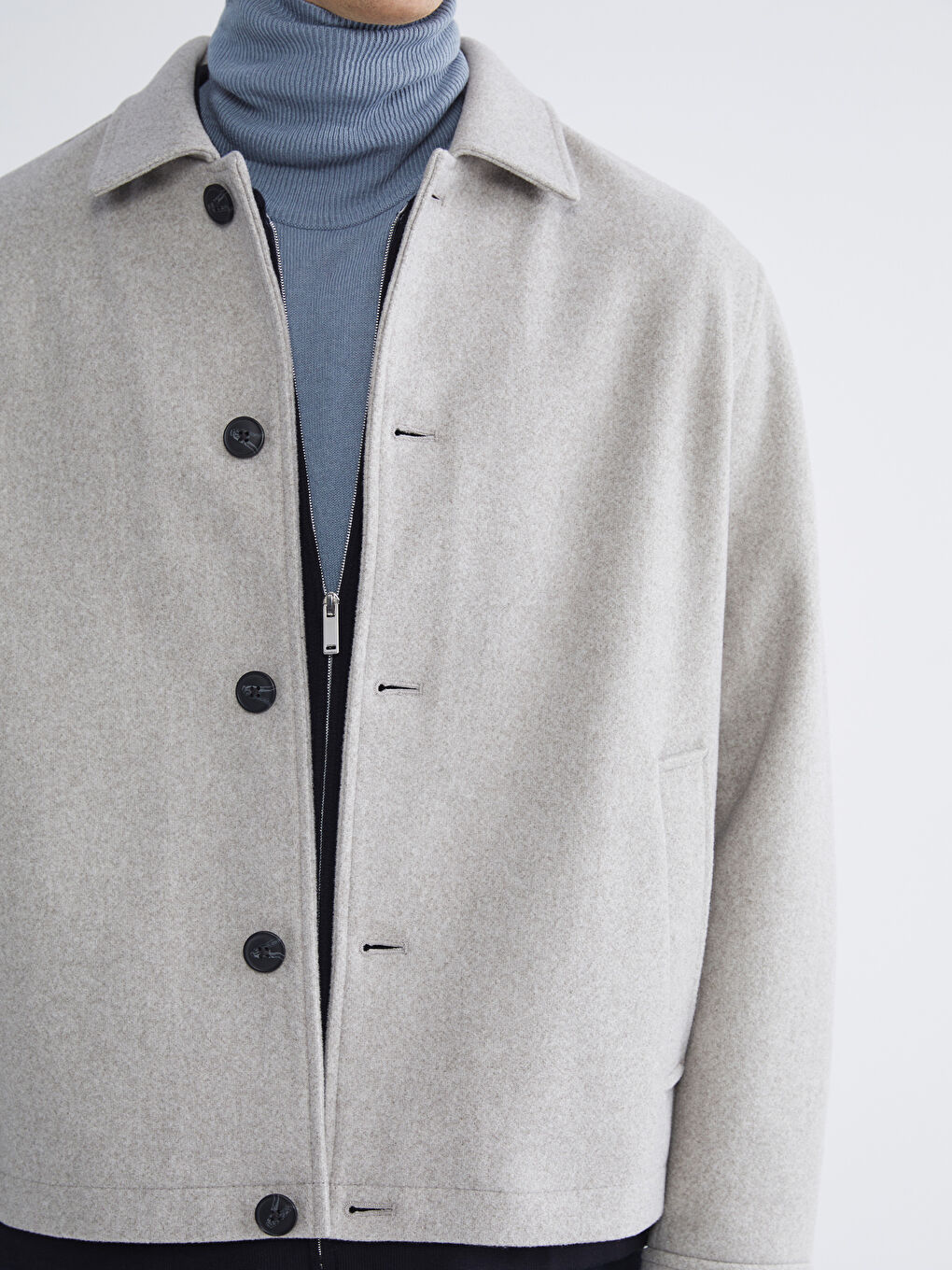 Bej Standart Kalıp Gömlek Yaka Erkek Kaşe Mont-2