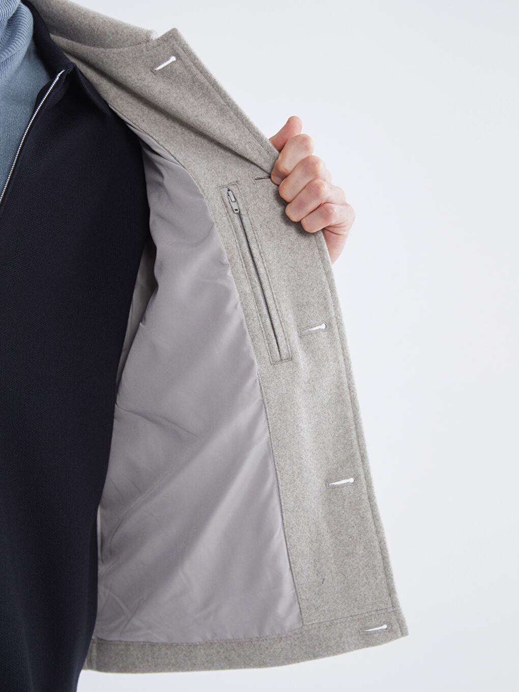 Bej Standart Kalıp Gömlek Yaka Erkek Kaşe Mont-3