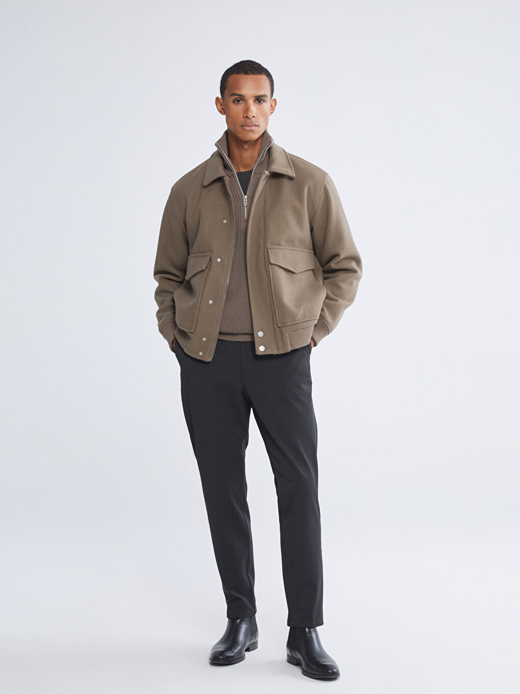 Kahverengi Standart Kalıp Gömlek Yaka Erkek Kaşe Mont-1