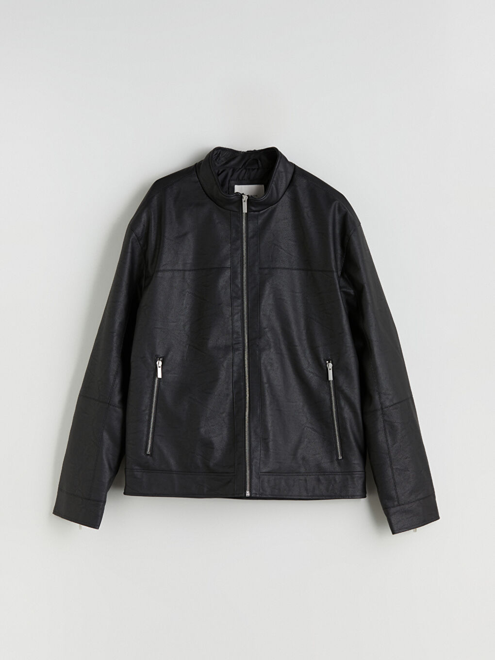 Siyah Standart Kalıp Dik Yaka Erkek Deri Görünümlü Mont-5