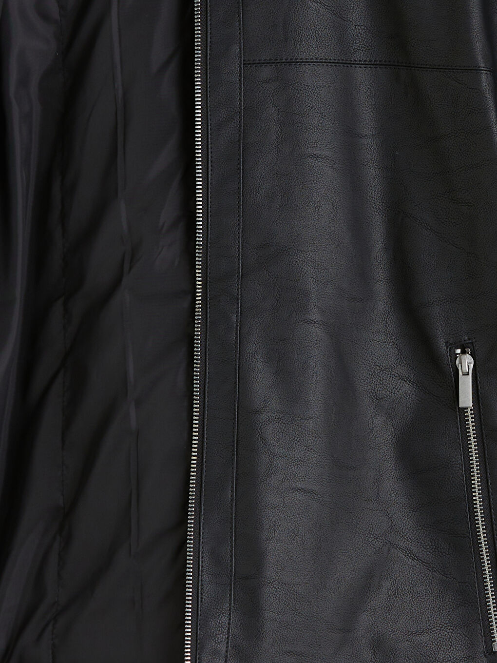 Siyah Standart Kalıp Dik Yaka Erkek Deri Görünümlü Mont-6
