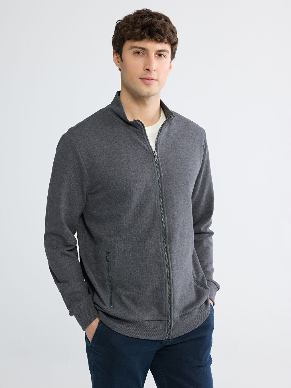 سويتشيرت رجالي كلاسيك فيت، ياقة واقفة، بسحاب أمامي.