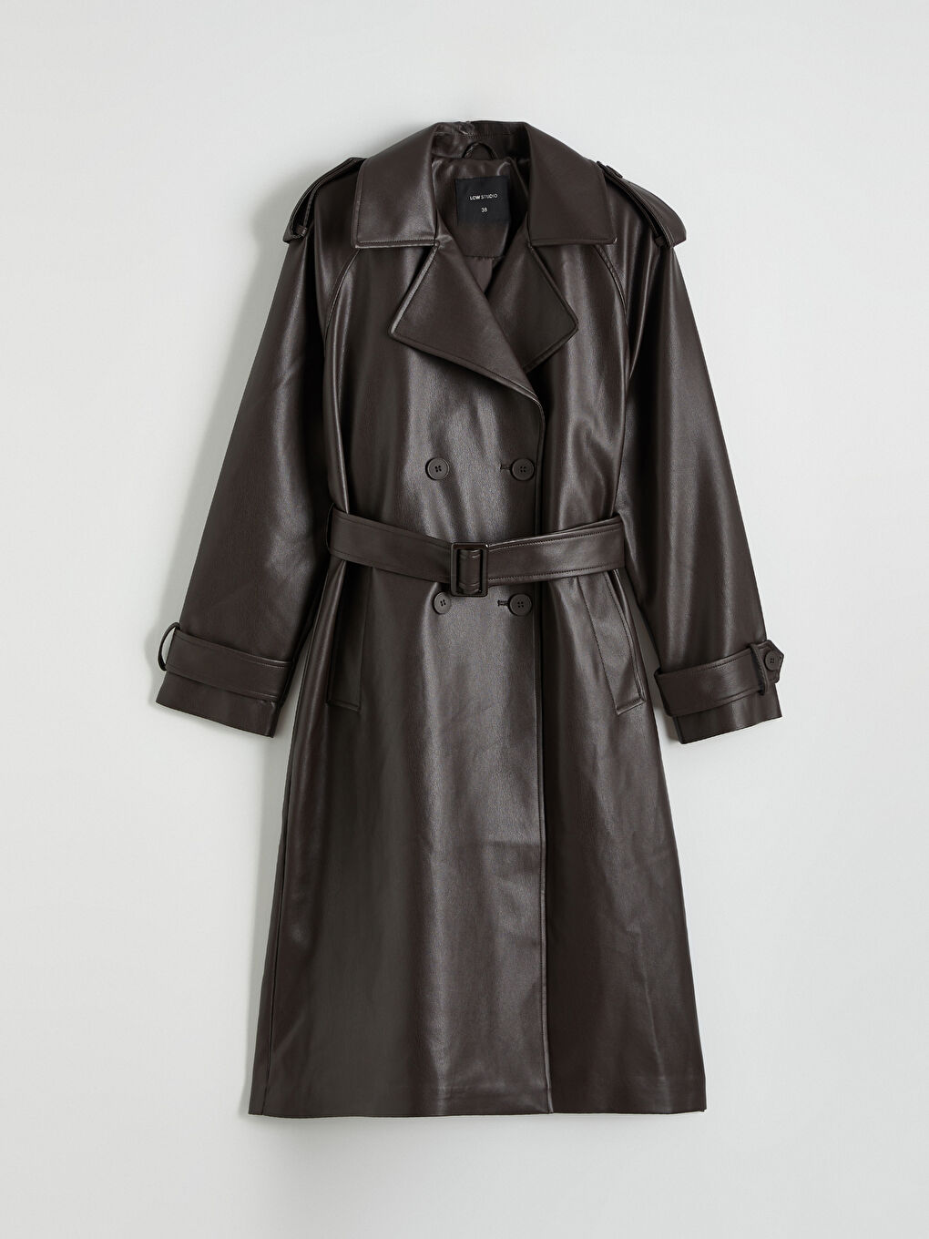 Kahverengi Kruvaze Yaka Kadın Deri Görünümlü Trençkot-5