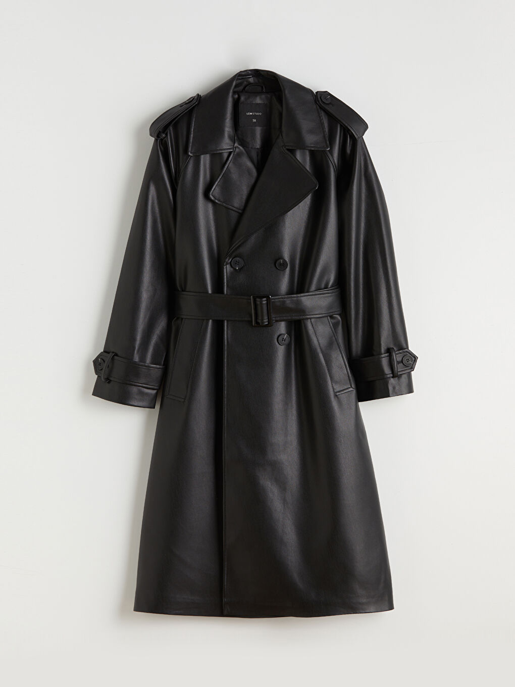 Siyah Kruvaze Yaka Kadın Deri Görünümlü Trençkot-5