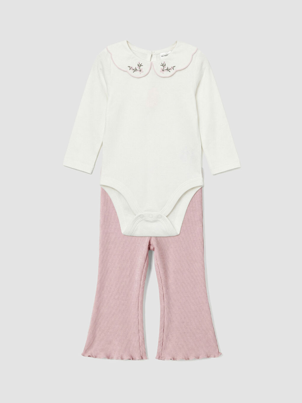 Ekru Nakışlı Kız Bebek Çıtçıtlı Body ve Tayt