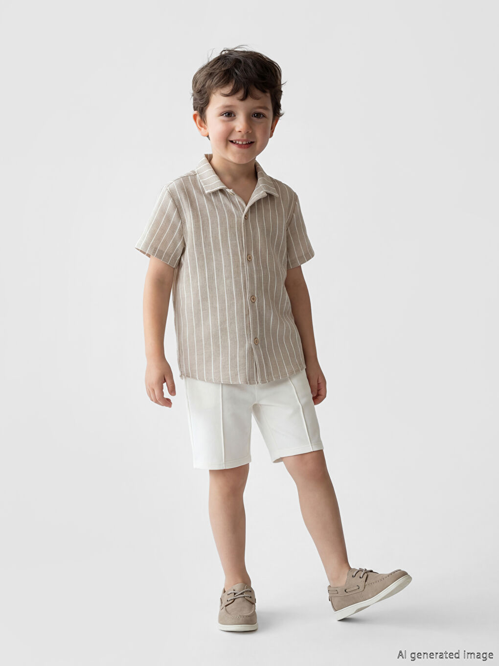 Bej Çizgili Erkek Çocuk Gömlek ve Şort