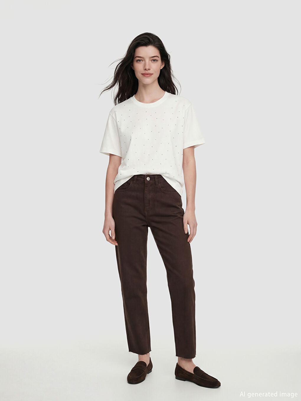 Bisiklet Yaka Taşlı Soft Touch Kadın Tişört	-1