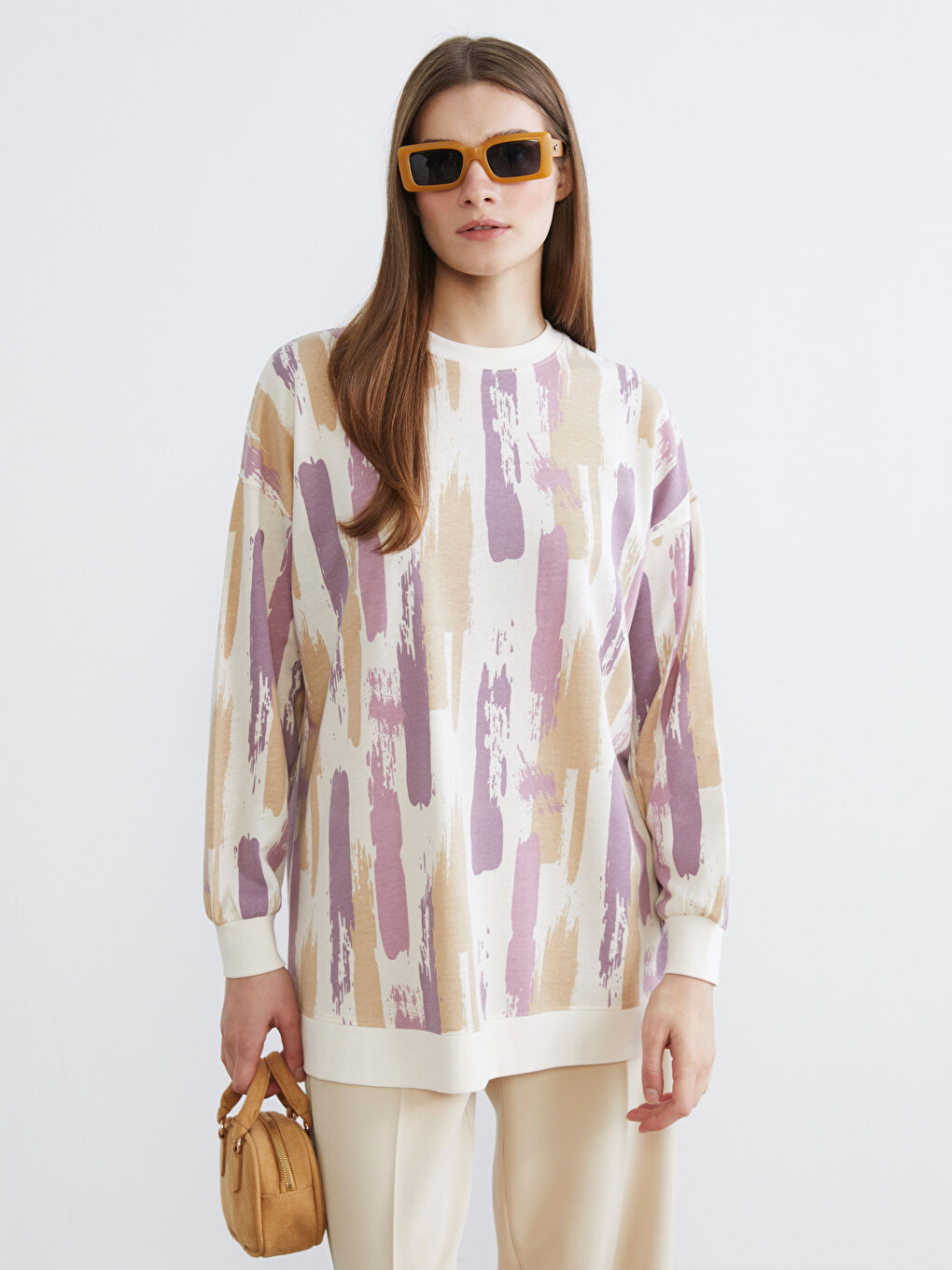 Patterned Sweatshirt Tunic with a Crew Neck.