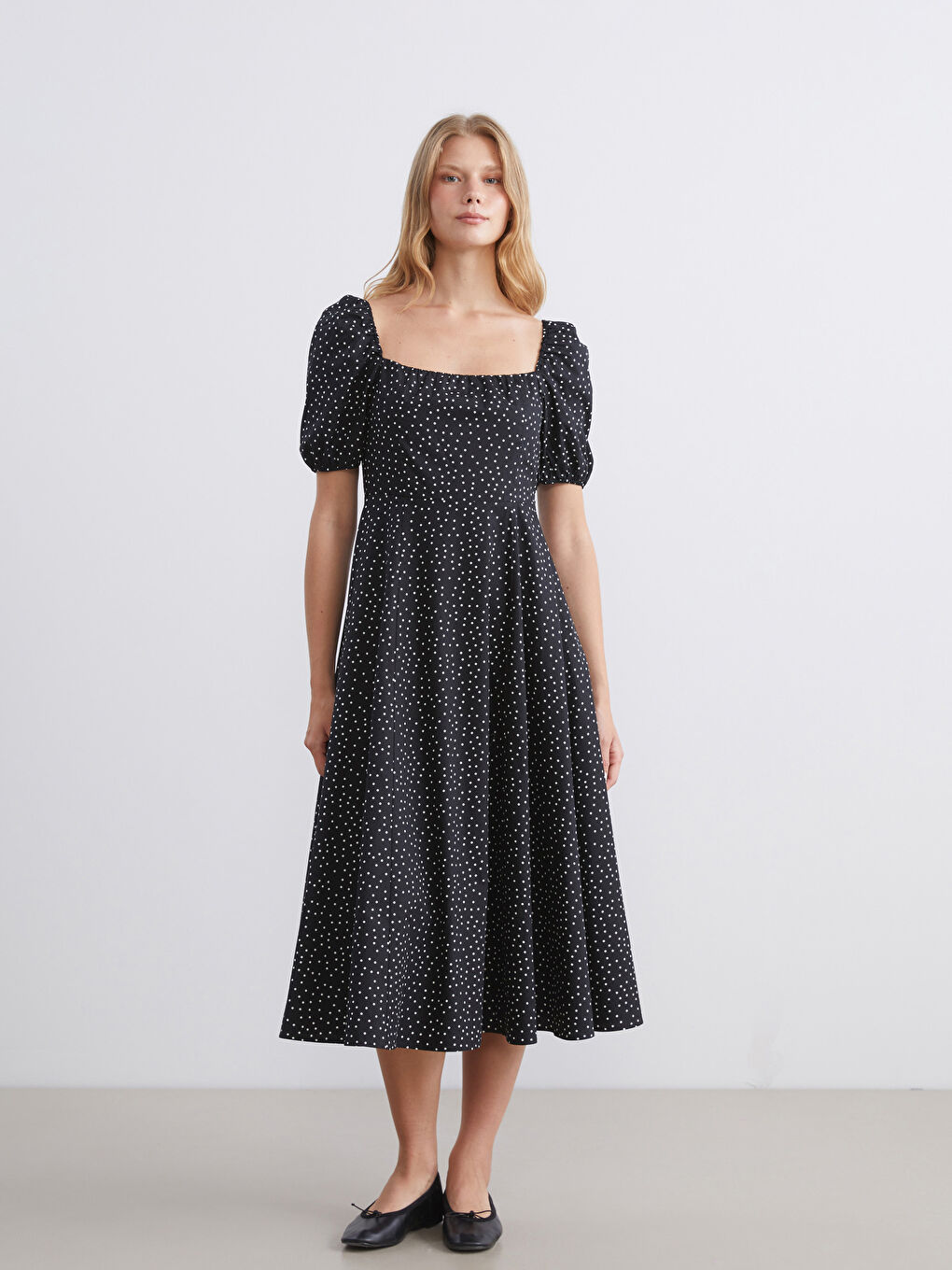 Rochie Midi cu Buline, Mâneci Bufante și Talie Ajustabilă pentru Femei-1