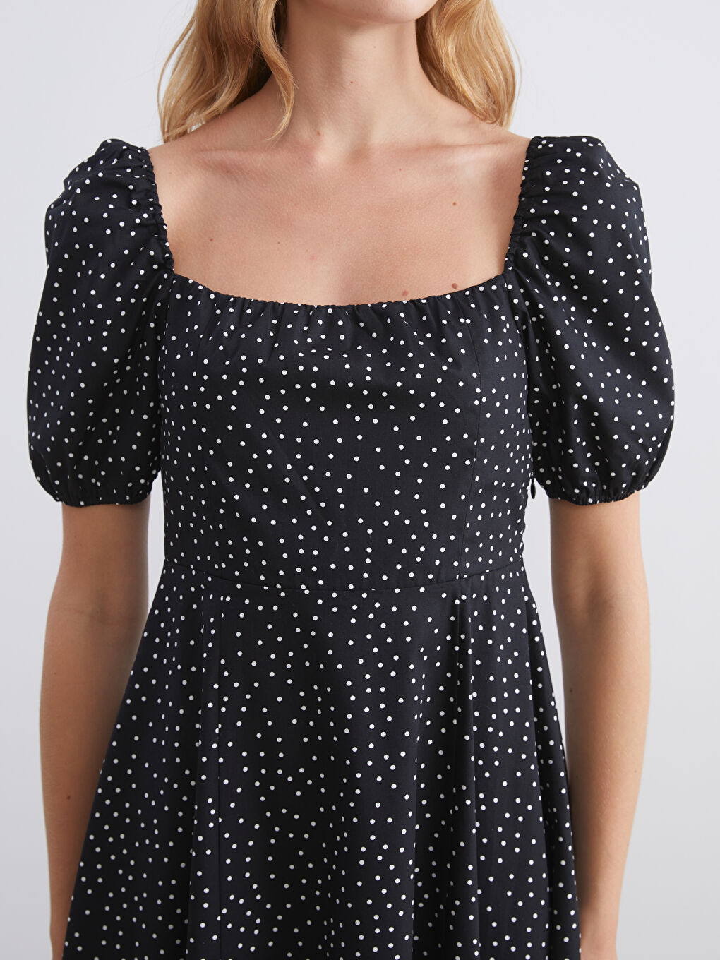 Rochie Midi cu Buline, Mâneci Bufante și Talie Ajustabilă pentru Femei-2