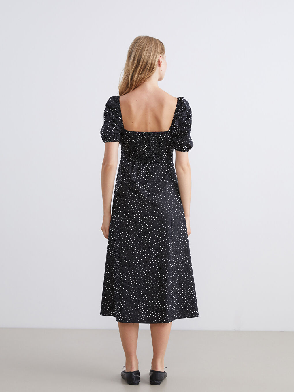 Rochie Midi cu Buline, Mâneci Bufante și Talie Ajustabilă pentru Femei-3