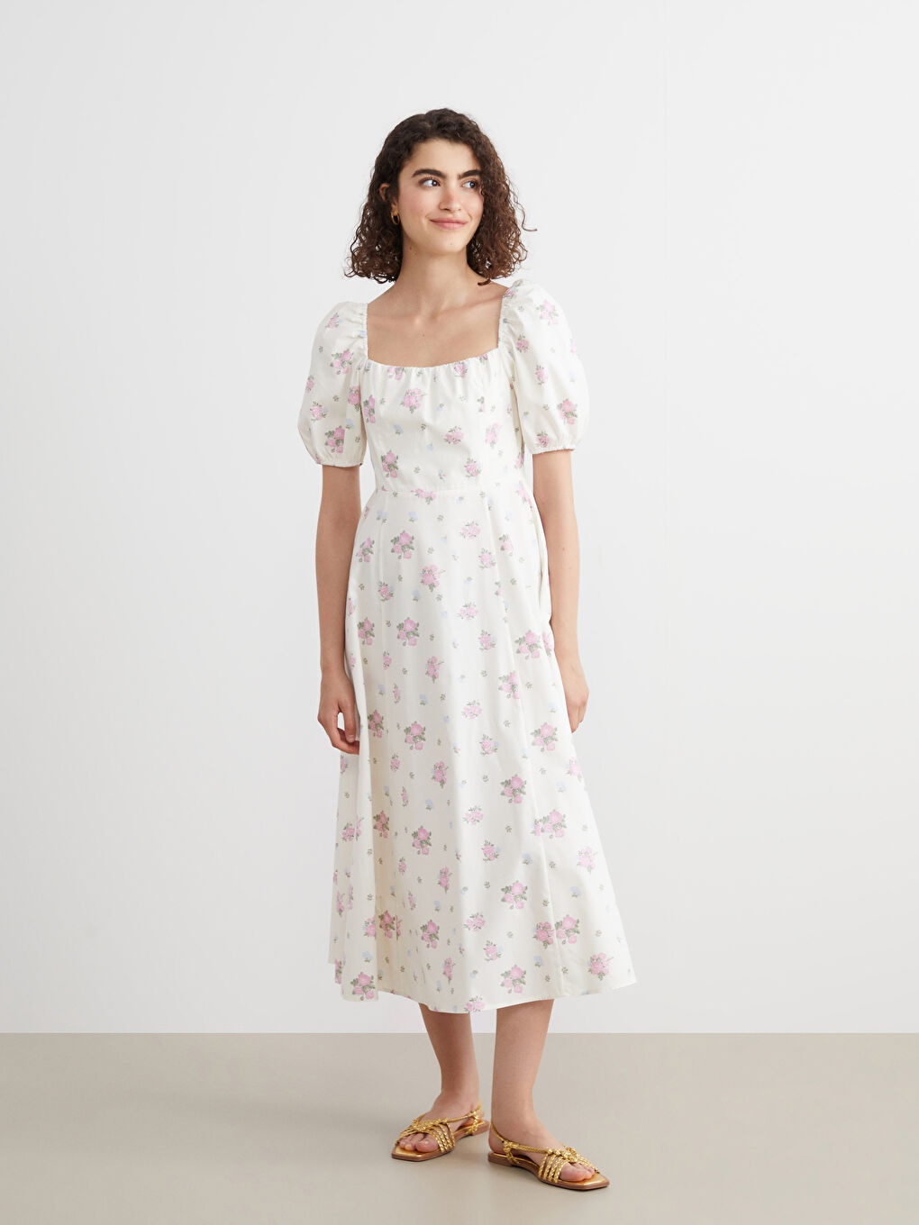 Floral Balloon Sleeve Fitted Waist Dress