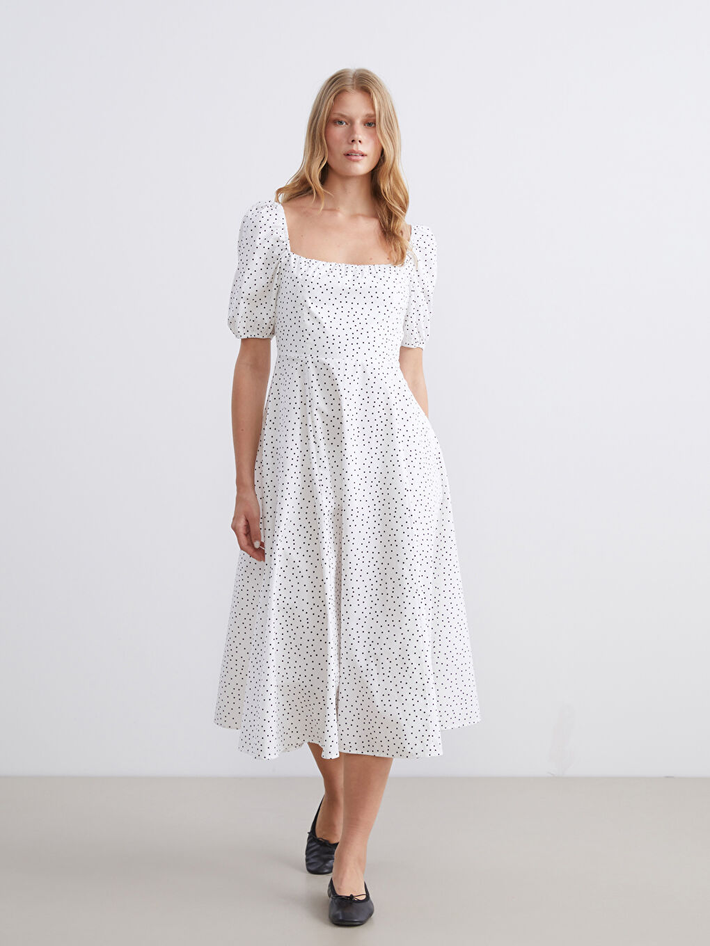 Polka Dot Puff Sleeve Fitted Waist Midi Women's Dress