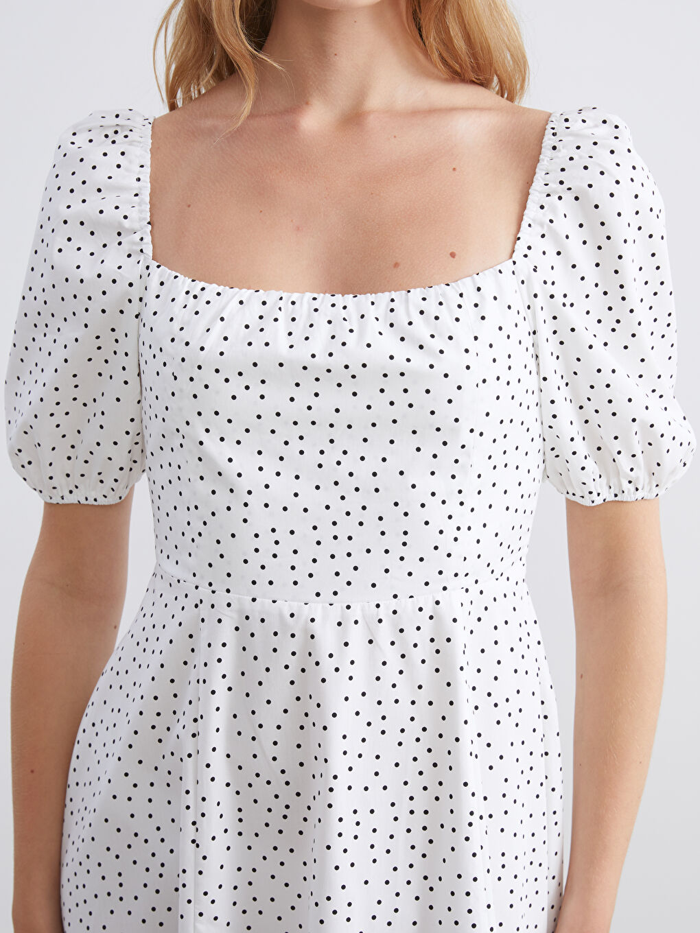 Polka Dot Puff Sleeve Fitted Waist Midi Women's Dress-2